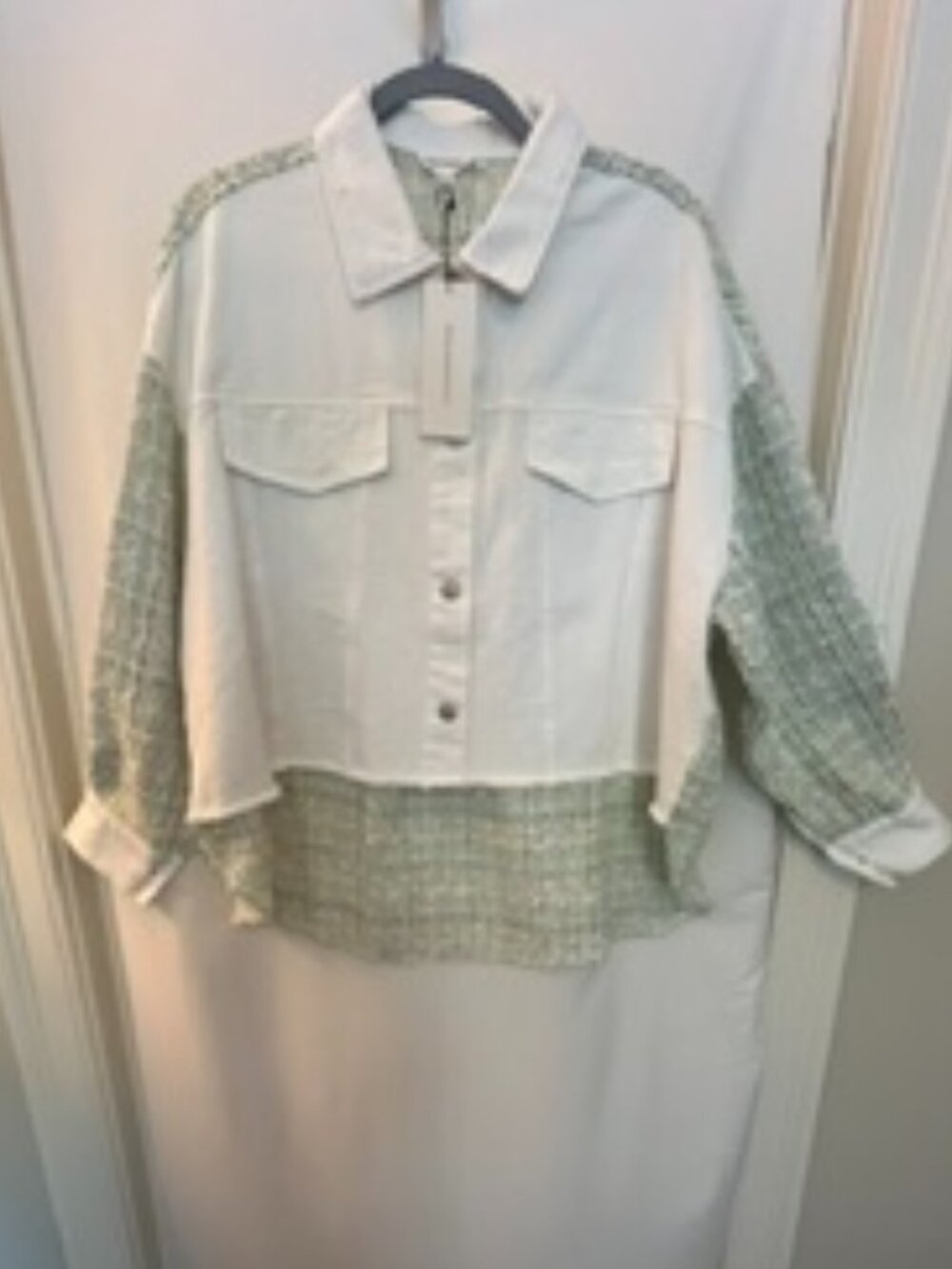 NWT Dance Marvel white cropped & green tweed Shacket oversized Small